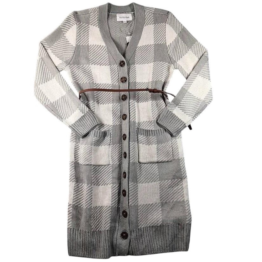 Olive + Oak‎ Cardigan Sweater Womens Large Gray Plaid Button Front Knit Belted
